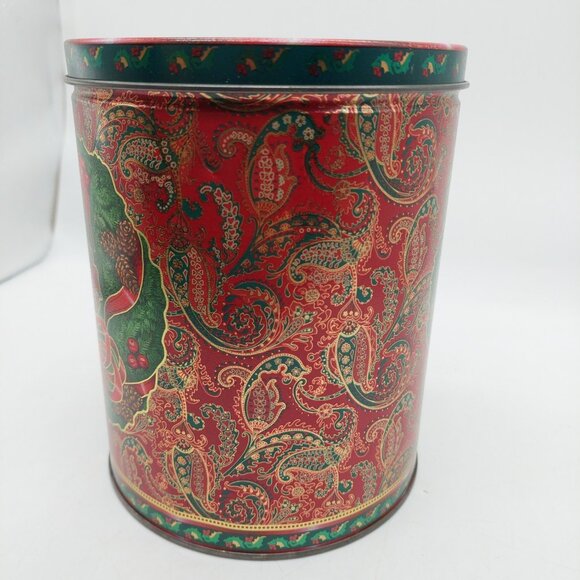 Christmas Tin Red Green Holly Paisley Ribbon Bow Floral Design 7" - Picture 3 of 10